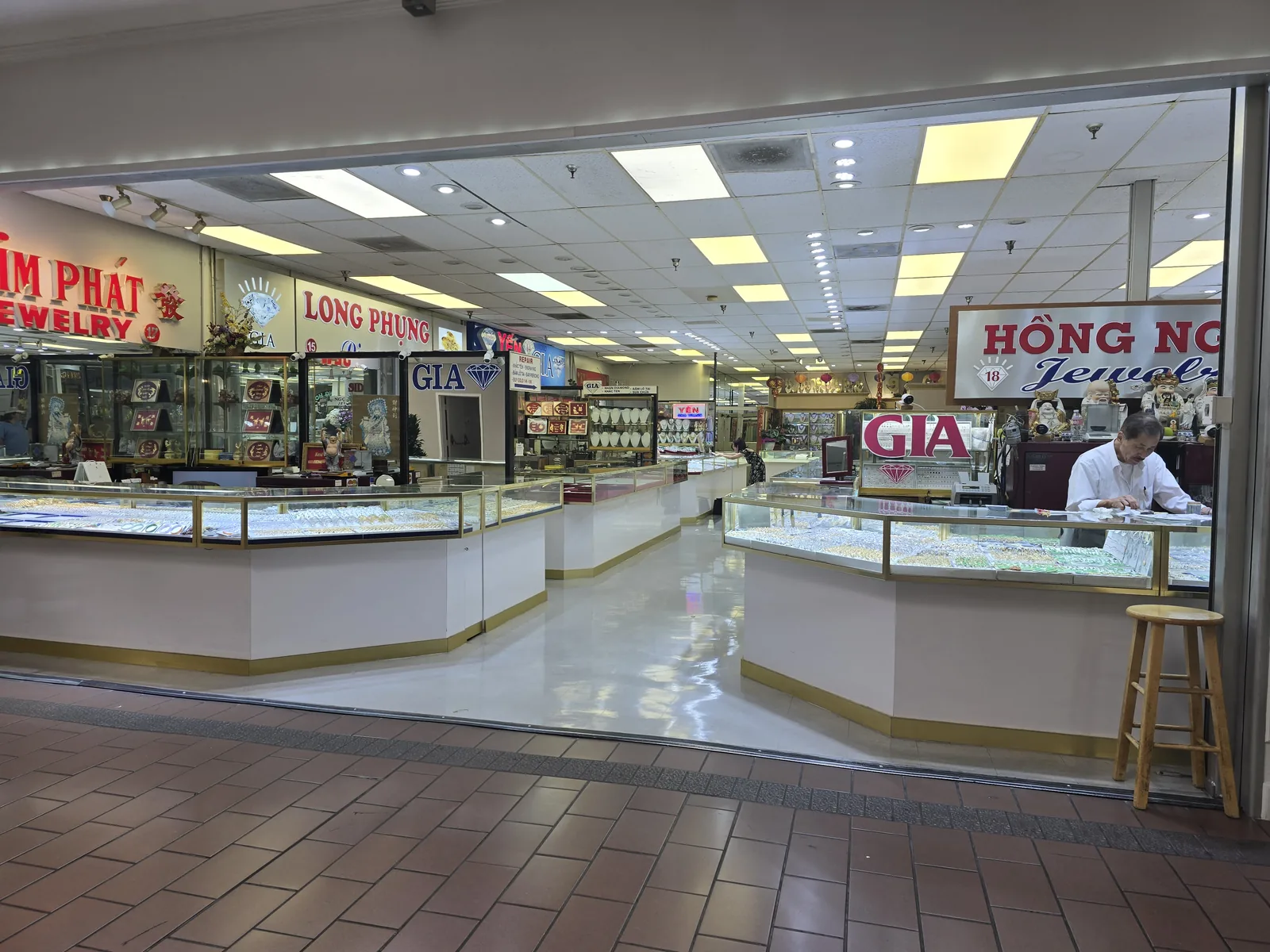 多摊位金饰大厅,Long Phung、Hong Ngoc 等字号,玻璃柜塞满黄金,墙上多块 GIA 标识