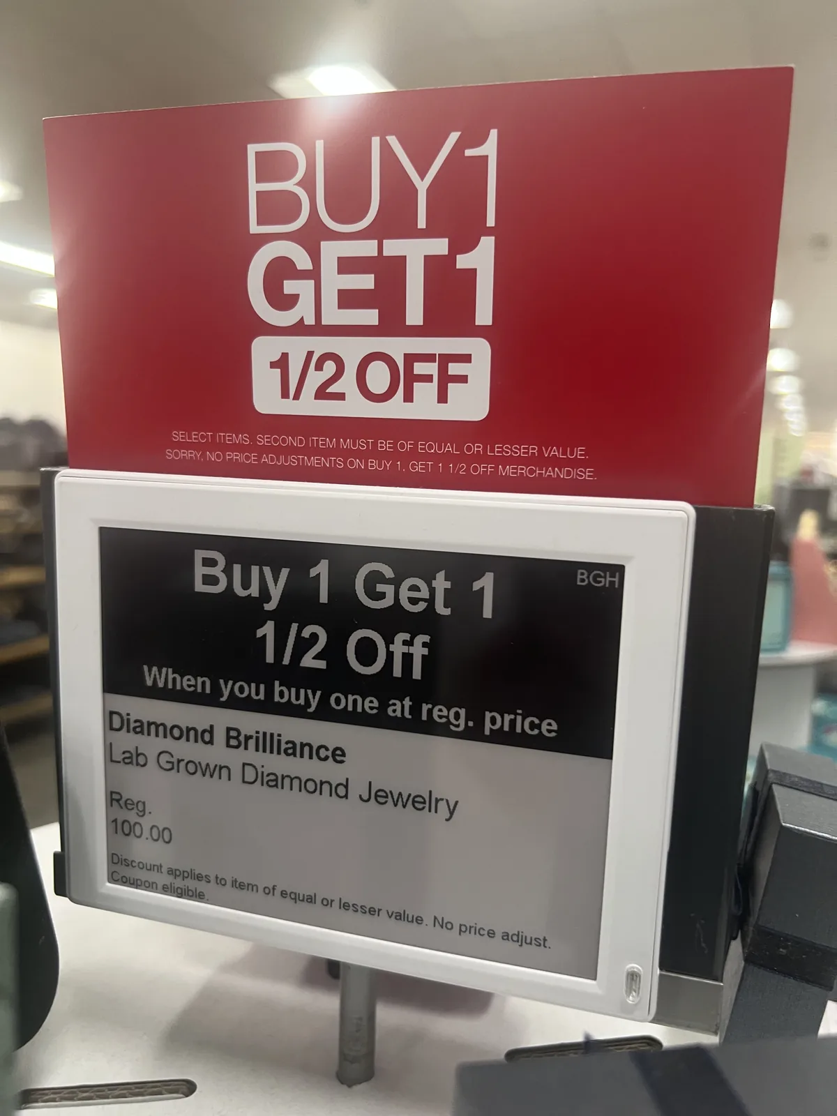 Kohl's 电子价签特写:Buy 1 Get 1 1/2 Off,Diamond Brilliance Lab Grown Diamond Jewelry,Reg 100.00