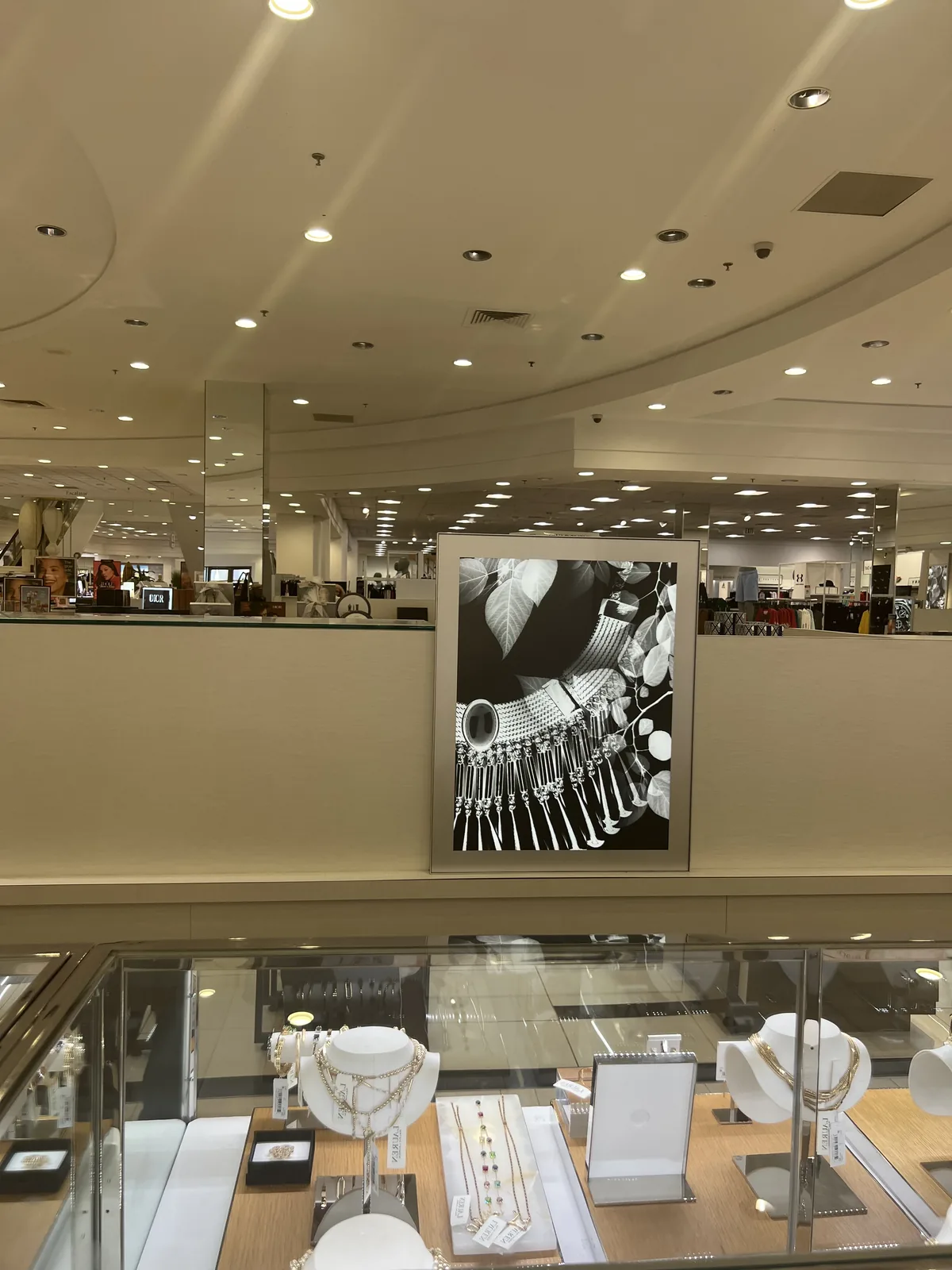 Macy's fine jewelry 柜台,黑白珠宝艺术海报下的金饰彩宝项链陈列